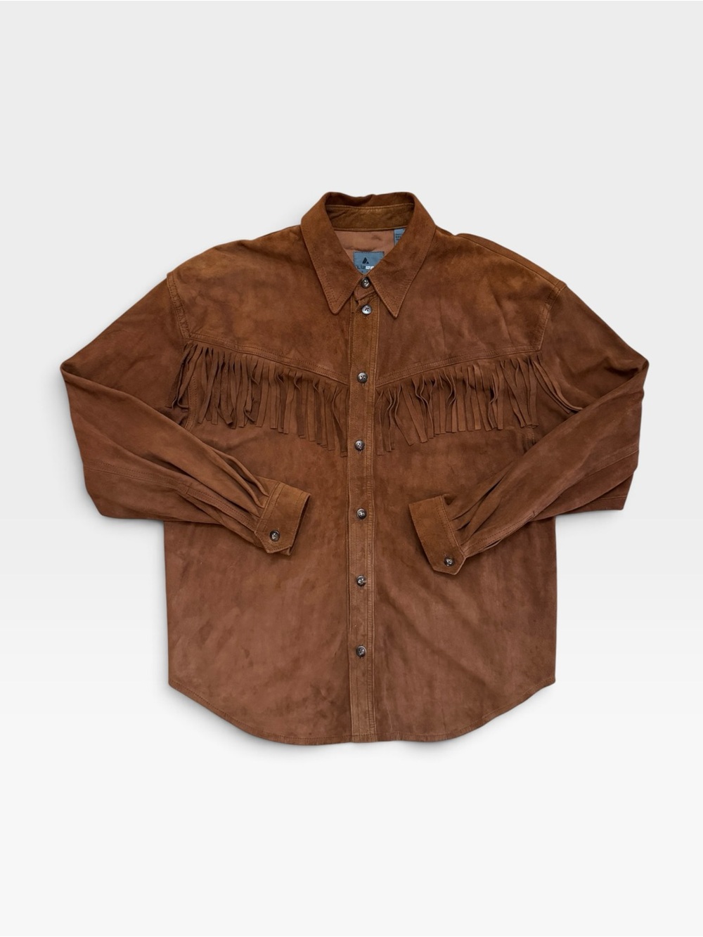 VTG Liz Claiborne Lizwear Brown Suede Fringe Western Button Up Oversized Shacket